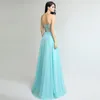 Custom Fashion Spring And Autumn New Evening Dresses Long Bra Topless Strap Lake Blue Chiffon Ballroom Special Occasion Dresses HY060