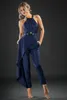 Designer Navy Blue Jumpsuit Evening Dresses Prom Gowns Cross Strap Sash Satin Pant Suits Ankle Length Casual Clothes