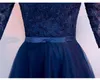 Elegant Navy Blue Aftonklänning Stroplösa Halv Ärmar Platser Tulle Lace Top Prom Klänningar Lace-up Zipper Back Plus Size Aftonklänningar