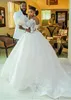 2018 African Plus Size Wedding Dresses 3D Floral Applique Beaded Off Shoulder Ball Gown Wedding Dress 3/4 Long Sleeve Country Bridal Gown