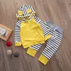 2 stücke Baby Jungen Mädchen Sport Herbst Gelb Baumwolle Langarm Mit Kapuze Sweatshirt Top + Lange Gestreiften Hosen Outfits Kleidung set