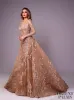 Tony Chaaya Champagne Avondjurken met Afneembare Rok V-hals Sweep Trein Lange Mouw Prom Dress Kant Applique Illusion Formal Towns