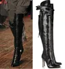 Bottes Femmes 2018 Mode Vrouwen Schoenen Stiletto Hoge Hak Fringe Laarsjes Puntschoen Gesp Zwart Lederen Knie Hoge Laarzen