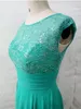 New Turquoise Chiffon Long Bridesmaid Dresses Jewel Custom Made Floor Length Lace and Chiffon Maid of Honor Gowns Zip Back