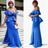 Attraktivt V-ringning av axelklänningar Sexig kändis ärmlös Sash Mermaid Formal Party Dress Simple Blue 2018 Long Evening Dress