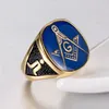 New Masonic Ring Gold Color Stainless Steel Big Ring for Men Blue Enamel Gift for Brother Friend