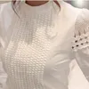 New Women Blouses Slim Bottoming Long-sleeved White Shirt Lace Hook Flower Hollow Plus Size S-5XL