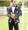 2018 NOUVELLE MARÉE Hommes NOIR Imprimé Floral Mode Costumes Décontractés Dernières Manteau Pantalon Conceptions De Mariage Marié Costume De Scène