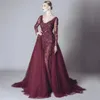 Elegancka Koronkowa Formalna Burgunda Celebrity Prom Dresses Backless V Neck Długie Rękawy 2018 Elie Saab Suknia Wieczorowa Suknie Arabskie Party