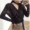 Neue koreanische Mode Damen Neckholder V-Ausschnitt Langarm Perspektive Gaze Hot Stamping Sterne Muster Bling Shinny T-Shirt Tops