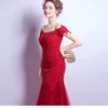 Luxe rode kant one-choeted sexy slanke vis staart banket jurk Nieuwjaars feestjurk bruids bruiloft toasts jurk