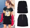 Black Skirt Women High Waist A-Line Style Floral Embroidery Back Zip Patch Denim Cotton Skirts