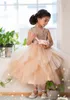 Champagne Ball Gown Flower Girl Dresses For Weddings Sequined Toddler Pageant Gowns Tulle Tea Length Tiered Kids Prom Dress