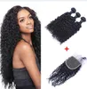 Tissage de cheveux naturels brésiliens bouclés, lisses, amples et profonds, avec Lace Closure 4x4, nœuds décolorés, Closures3590742, lots de 3