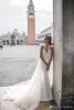 Julie Vino vestidos de casamento de trem destacável gola alta frisada Lace Appliqued vestidos de noiva sem encosto Praia A-Line Vestido de Noiva