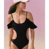 x 2018 Sexy One Piece Swimsuit Off The Shoulder Solid Green Black Swimwear Women Bathing Suit Ruffle Monokini Swim Wear