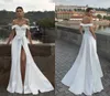 2019 Schulterfreie Strandhochzeitskleider aus Satin mit hohem Seitenschlitz, Sweep-Zug, Boho-Brautkleider mit Schleife, maßgeschneidertes Brautkleid in Übergröße