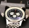 New mens quartz watch chronograph 46MM black dial 316L silver steel strap sapphire Solid strap mens sports watch