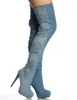 Scarpe da donna con punta tonda stile slim blu denim con plateau alto sopra il ginocchio stivali con tacco sottile stivali con tacco alto Jean ritagliati scarpe eleganti