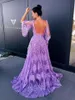 Stylish Lavender Prom Dresses Glamorous Lace Appliques 1/2 Poet Sleeves Evening Gowns Open Back Special Occasion Dress de Festa