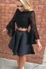 2022 Sexy Black Juliet Long Sleeves Homecoming Prom Dress Short Jewel Neck Sequin Beaded Two Pieces Satin Party graduation Cocktai301O