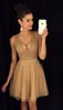 Sparkly Gold Graduation Dresses Short V Neck Short Homecoming Dresses Party Gowns With Bling Bling Sequins Crystal Top Lace Skirt