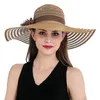 Summer Organza Floppy Beach Hats for Women Wide Brim Striped Flat Hats Ladies Flower Sun Beach Cap