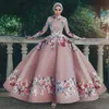 Pink Muslim Modest Ball Gown Prom Dresses Embroidery High Neck Long Sleeves Evening Gowns Ankle Length Party Wear Tail Dress s