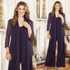 Plus Size Matka panny młodej Pant Garnitury z Kurtki Purpurowy Szyfon Długie Rękawy Gościnne Ślubne Suknie Matka Wieczór Formalna Nosić