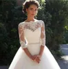 Vestidos de Novia Appliqued Lace 3/4 Sleeves Wedding Dresses With Pearls Belt Off the shoulder Bridal Dresses Buttons Back Wedding Gowns