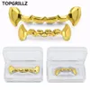 TOPGRILLZ Hip Hop Fang Teeth Grillz Set Gold Color Plated Half Teeth Dracula Vampire Fangs Slim Grills Gold Top & Bottom Grillz Teeth Set