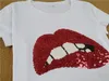 Free Shipping Size S to XL Black White Sequins Red Lips Short Sleeve T Shirt Women Cotton Tops Tees Clothing For Summer 2018