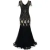 Women 1920s Great Gatsby Dress Long 20s Flapper Dress Vintage V Neck Short Sleeve Maxi Party for Prom Cocktail