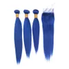 Faisceaux de cheveux bleus de couleur droite soyeuse avec fermeture en dentelle Extensions de trame de cheveux humains brésiliens vierges bleu foncé avec fermeture