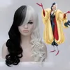 Mujeres Cruella Deville Cosplay peluca negro blanco sintético largo rizado pelucas + gorro de peluca