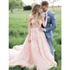 2018 vintage blozen roze trouwjurken plus size pure nek mouwloze geappliceerde tule kathedraal trein western country stijl bruidsjurken