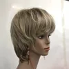 2018ヘルススーパーかわいい灰色のグレーミックスブラウンルートショートストレートヒューマンヘアフル女性wig349v