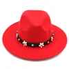 Mode unisexe laine mélangée Panama chapeau Fedora casquettes extérieur large bord Sombrero parrain casquette église chapeau bande de cuir avec fleur