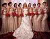 Rose Gold Long Mermaid Tanie Druhna Dresses 2020 Cekiny Długa pokojówka Suknie Honorowe Cap Custom Custom Make Formal Wedding Guest Dresses