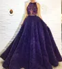 Gorgeous Dark Purple Prom Dresses Crytal Beads Lace Applique Jewel Neck Sleeveless Prom Party Dress Sexy Ruffles Tulle Evening Dresses
