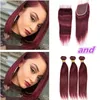 Brasilianska Burgundy 99J Straight Virgin Hårbuntar med stängning Färgat Human Hair Weave With Lace Closure 4pcs Lot Brasilianska Hårförsäljare