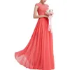 Moda Simples Lace Coral Evening Vestidos Chiffon mangas longas Prom Dresses 2020 Mulheres Partido vestidos on-line Vestido formal