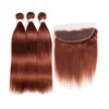 Dark Auburn Virgin Fair tisser les faisceaux avec fermeture frontale en dentelle 13x4 oreille à oreille malaisienne # 33 Copper Red Human Hair Weaves Extensions