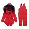 Bébé enfants fille vêtements ensembles 25 degrés russie hiver 100 fourrure de couleur naturelle manteau à capuche combinaison globale neige enfants costume3416555