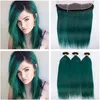 Bundles de tissage de cheveux humains vert foncé Ombre péruvienne avec fermeture frontale droite # 1B / Green Ombre 13x4 en dentelle avec trames de cheveux vierges