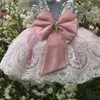 Lovely Baby Toddler Birthday Dress Jewel Neck Bows Lace Applique Tulle Ankle Length Flower Girls Dress Sparkly Sequins First Communion Gowns