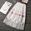 Spring and Summer Tulle Skirt Slim Pleated Skirts Vintage Rose Embroidery Floral skirts Womens All-match Waist Jupe Saias faldas