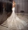 Elegante Vestidos de Noiva de Sereia Backless V Pescoço 3D Praia Applicada Vestidos Noiva com Sheer Half Sleeves Plus Size Tulle Vestido de Novia