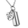 Silver Pendant Pet Dog Paw Heart Charm & Cylinder for Ashes Memorial Urn Necklace Stainless Steel Cremation Jewelry