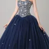 ANGEL NOVIAS Long Ball Gown Puffy Plus Size Navy Blue Crystal Prom Dress 2018